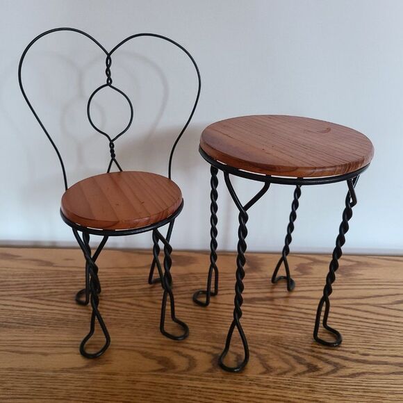 VTG Doll Furniture Wood & Twisted Metal Ice Cream Parlor Bistro Chair and Table - Picture 2 of 16